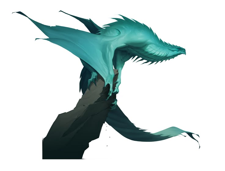a turquoise dragon is perched on a dark rock formation. the dragon has a spiky neck and back, large wings, sharp claws, and scales covering its body. the background is white.