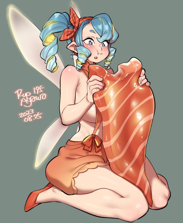 a colorful anime girl with blue hair and wings is sitting on the ground, with a giant slice of salmon in her hands. her outfit consists of a short orange dress with a red bow. she has a smile on her face and is blushing. the background is a light gray color. the art style is very cute and playful.