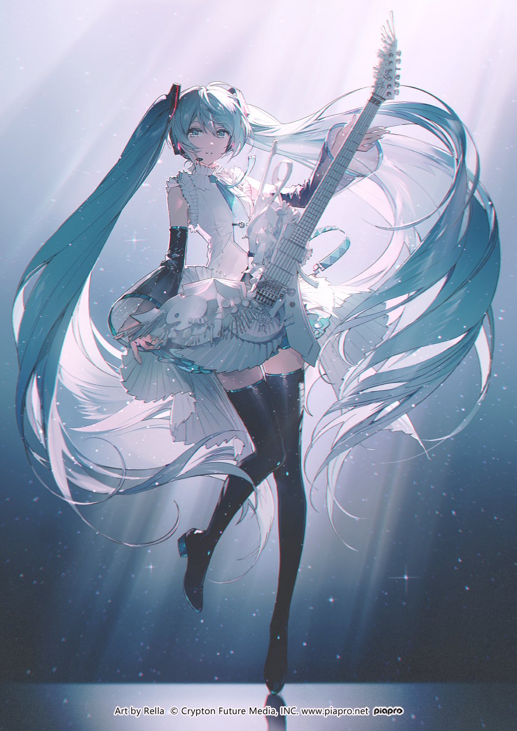 an animestyle illustration features hatsune miku standing on a stage with bright lighting. she has long, flowing turquoise hair in twin tails and is holding a white guitar. she is wearing a white ruffled dress, black thighhigh socks, and black gloves. she is facing forward with a slight smile. the background is a gradient of light blue and white, and the stage has a reflective surface.