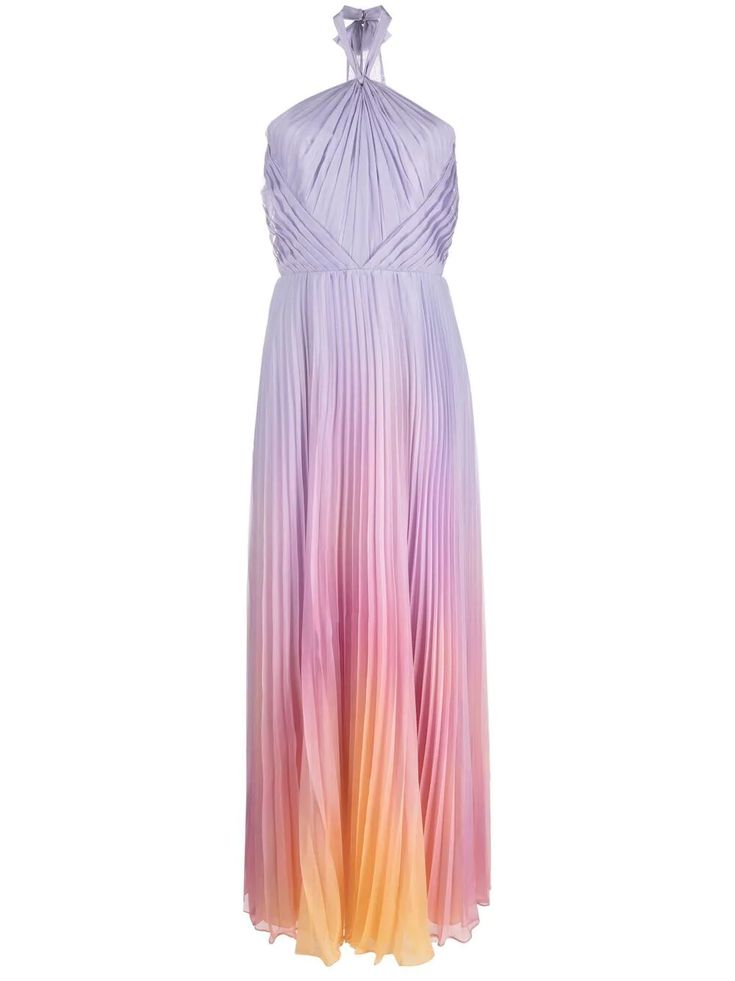 a full shot of a long dress. the dress is a maxi style with a halterneck top. the dress is pleated and is made of a soft, flowing fabric. the dress is ombre, with a gradient of colors from light purple at the top to pink and then orange at the bottom.