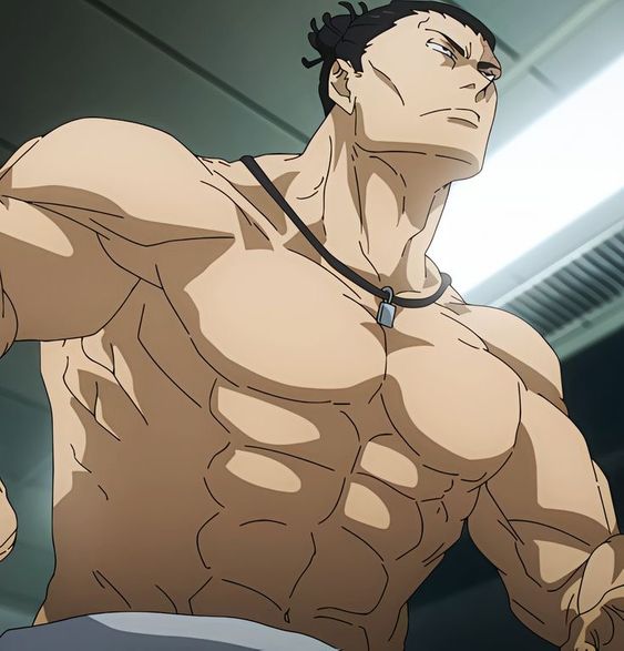 this is a drawing of a muscular, shirtless asian man looking to the upper right of the frame. he has a topknot hairstyle and is wearing a thin necklace with a tag on it. the background is a simple gray with vertical lines, suggesting a locker room or similar setting. the perspective is from a low angle, emphasizing the man's physique.