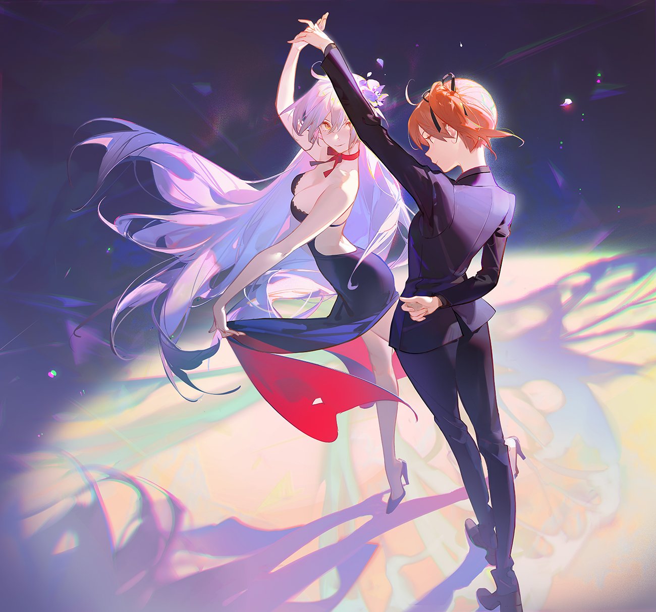 an anime style illustration depicts two characters in formal attire dancing together. one character has long, flowing white hair, wears a black dress with a red bow, and is holding the edge of her skirt. the other character has short, orange hair and wears a black suit. they are holding hands and appear to be engaged in a formal dance. the background features abstract light patterns.