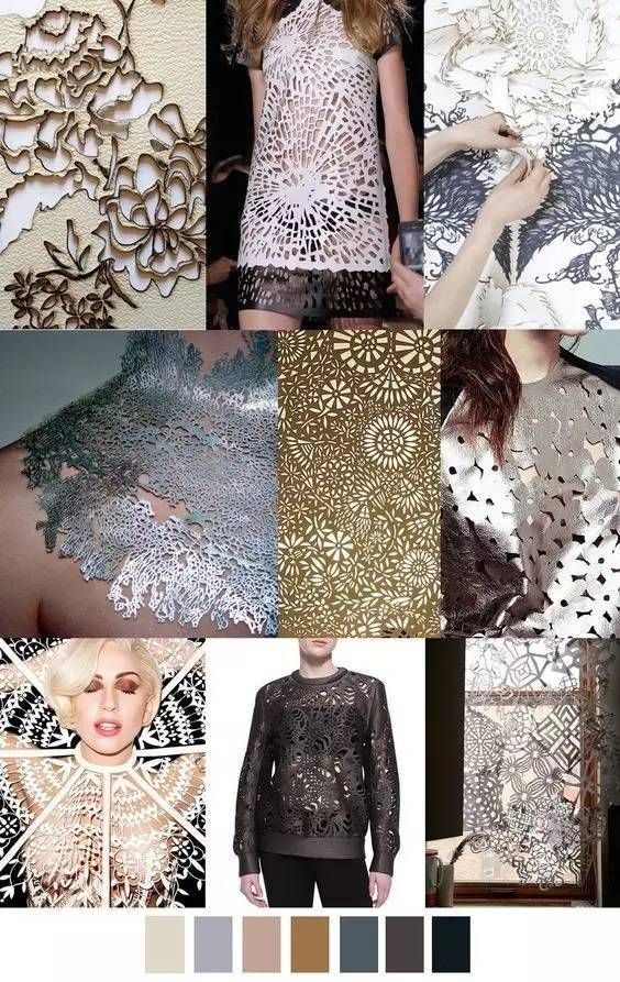 this collage shows a variety of different clothing designs featuring lace, cutout, and leather. the images are arranged in a grid pattern, with each image showcasing a unique style and pattern. the color palette is primarily black, white, and brown, with hints of gold and silver.  the designs appear to be modern and stylish, with a focus on intricate details and craftsmanship. the overall tone is chic and sophisticated.