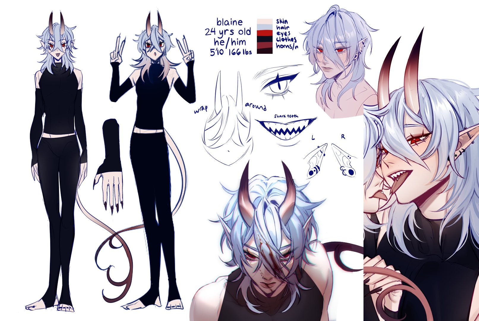 this is a character design for a male demon. he has white hair, red eyes, sharp teeth, and black clothing. he has horns and a tail. there are also some design notes, including the character's name and height and weight.