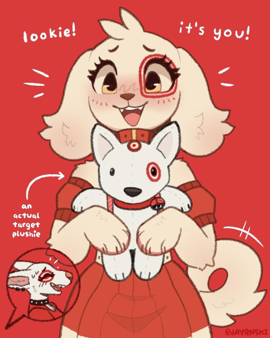 the image is a digital drawing of an anthropomorphic dog character.  the dog is light beige/cream colored and wearing a red dress.  it's holding a target bullseye plush dog toy. the larger dog character has stylized markings reminiscent of the target bullseye on its eye. the image is presented in a playful style, with speech bubbles that say "lookie!" and "it's you!"  a smaller image in the bottom left corner shows a similar, but less stylized, version of the target plush dog, likely indicating this anthropomorphic character is based on it. the overall style is bright, colorful, and cute, suggesting fan art.  the background is a solid red color.  the artist's signature/handle is visible in the bottom right.