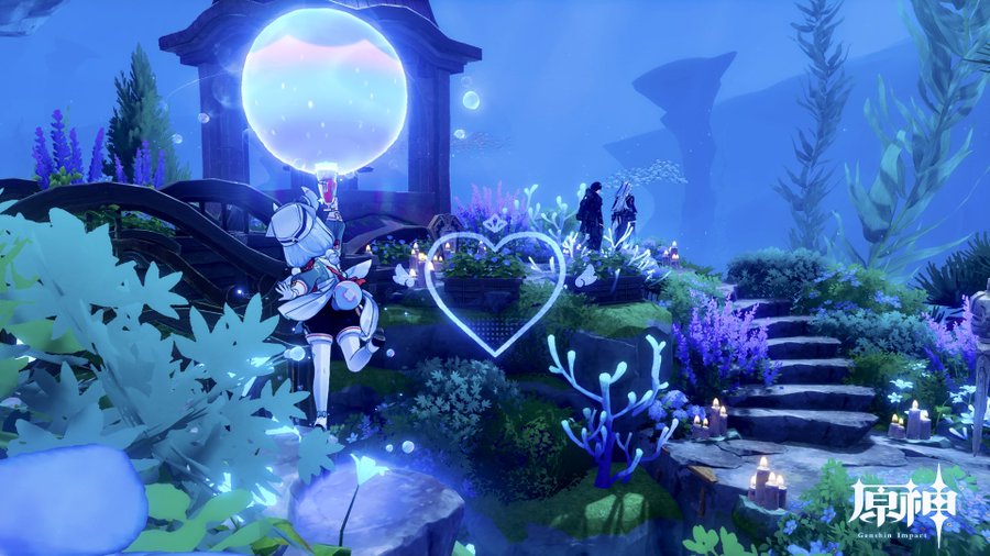 the image is a screenshot from the video game genshin impact. it depicts a serene, underwater scene at night, bathed in a soft blue and purple light. a female animestyle character in a white and blue outfit is holding a large, glowing bubble.  in the background, other characters are visible near a small shrine or gazebo. the setting is highly stylized, featuring glowing aquatic plants, coral, and a stone bridge. a glowing heartshaped emblem is prominently displayed on a small hill. the overall atmosphere is romantic, peaceful, and magical.  the genshin impact logo is visible in the lower right corner.