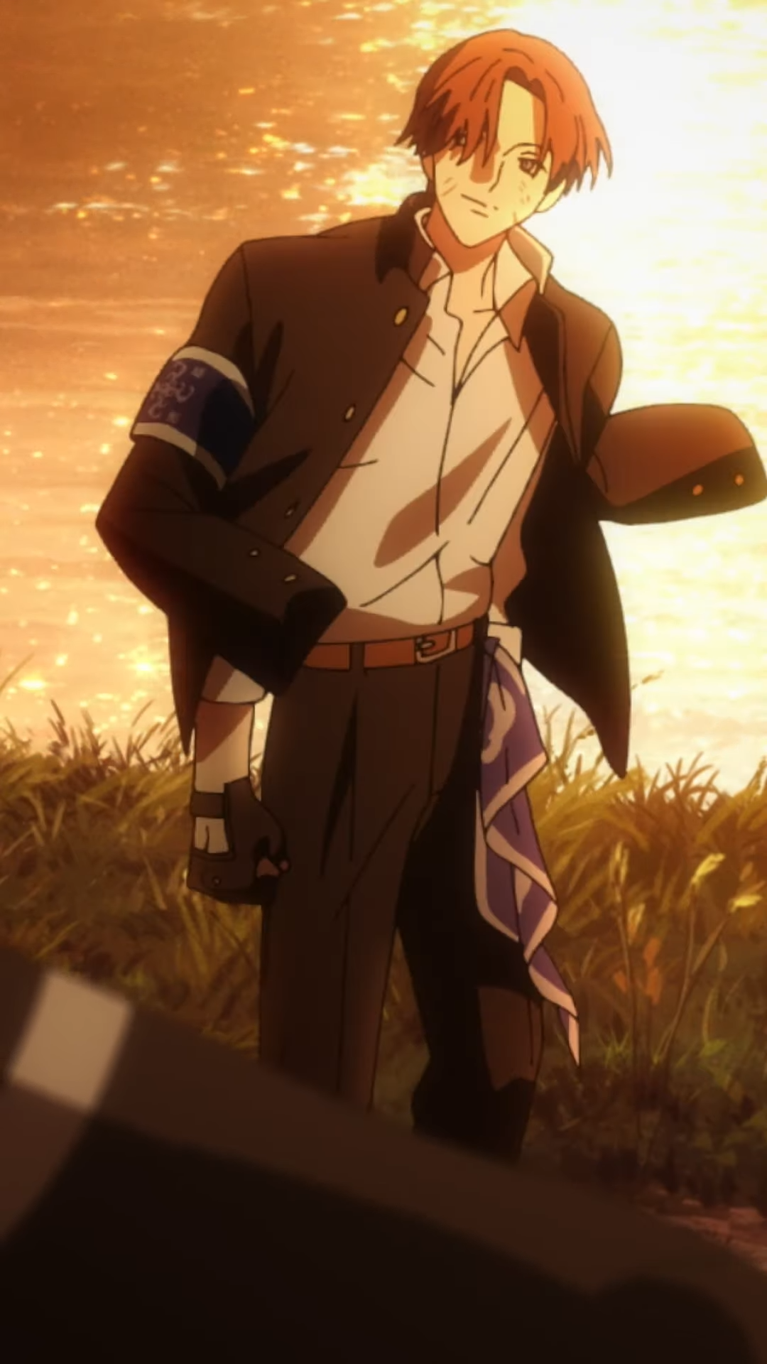 a young man with short red hair and glasses stands confidently in a field with tall grass. the sun is setting behind him, casting a warm golden glow over the scene. he is wearing a stylish black outfit with a white shirt, tie, and a blue scarf tied around his waist. he is also wearing gloves and has a determined look on his face. the image evokes a sense of adventure, style, and confidence.