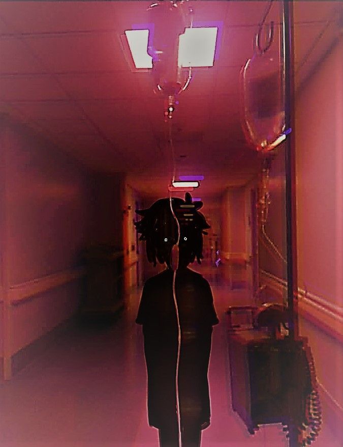 the image is a creepy shot of a hospital hallway. the room is dimly lit, and the only source of light is coming from the ceiling lights and the medical equipment. a person is standing in the middle of the hallway, but their face is obscured by shadows. the person looks like a ghost and it creates a sense of dread and mystery. the image is made more unsettling by the fact that the hallway is empty.