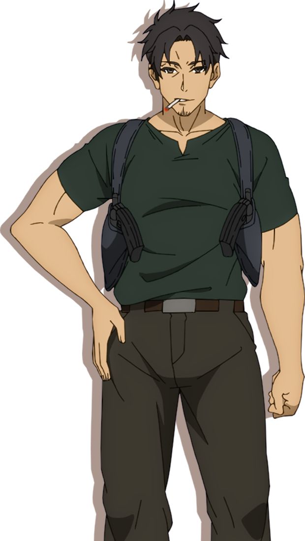 the image is of a cartoon anime male character. he is wearing a dark green shirt with a dark grey holster strap across his body with black pistols in the holsters. he is wearing dark brown pants with a silver belt buckle. he is standing in a relaxed but slightly serious stance. he is smiling with a slight smirk, with his hand in his pants pocket,  his other hand clenched. he has dark brown hair, dark brown eyes, and a shadow around his eyes. the background is white.