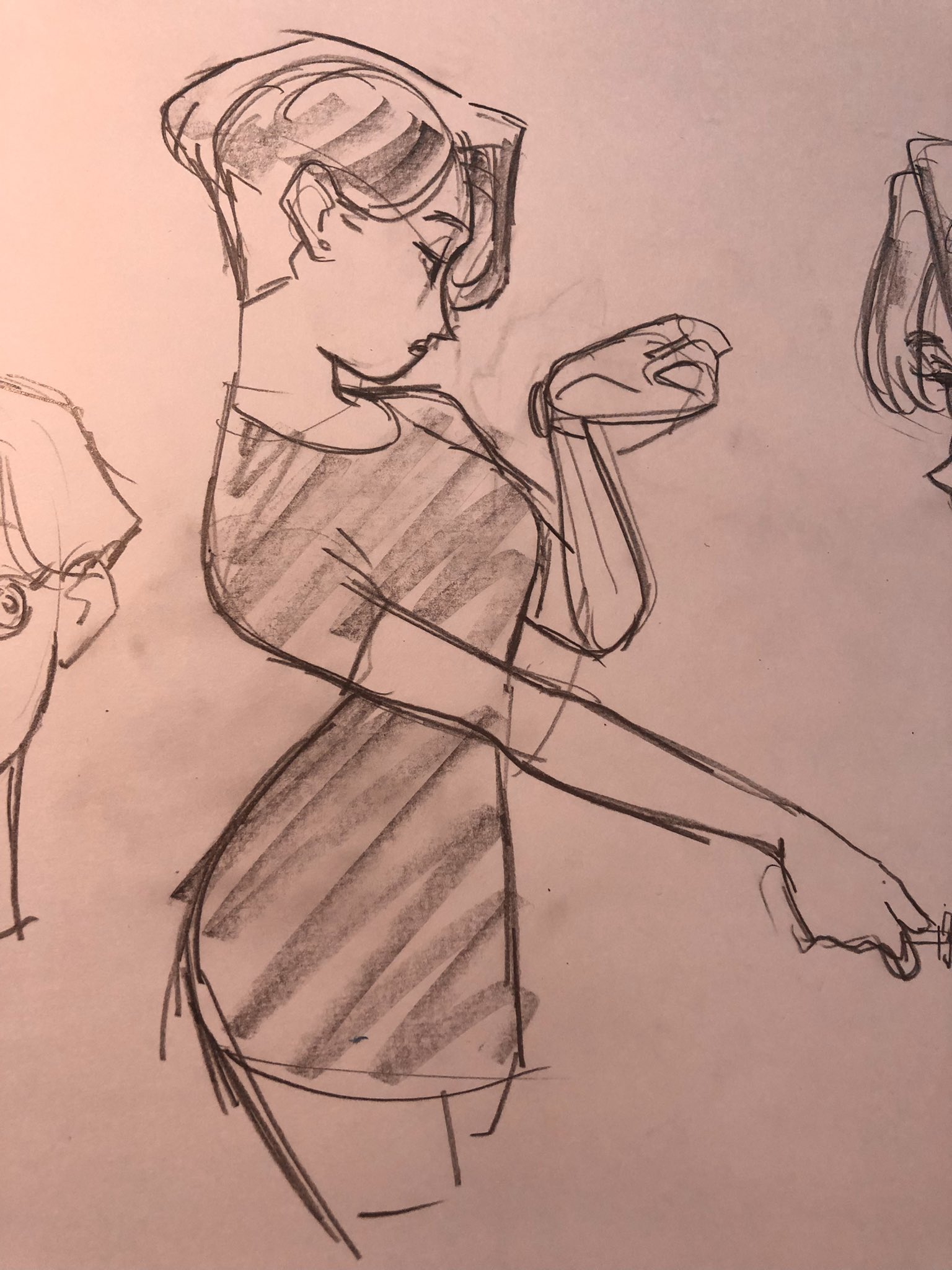 this is a quick sketch of a woman with short hair, wearing a tshirt dress, striking a pose with her arms outstretched.  the drawing style is loose and expressive, focusing on capturing movement and gesture.
