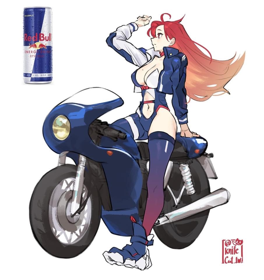 an anime girl with long red hair is sitting on a cafe racer motorcycle. she is wearing a blue and white racing suit and black boots. she is looking off to the side, and her hair is flowing in the wind. there is a can of red bull in the background.  the motorcycle is blue with white stripes, and it has a black helmet on the back.