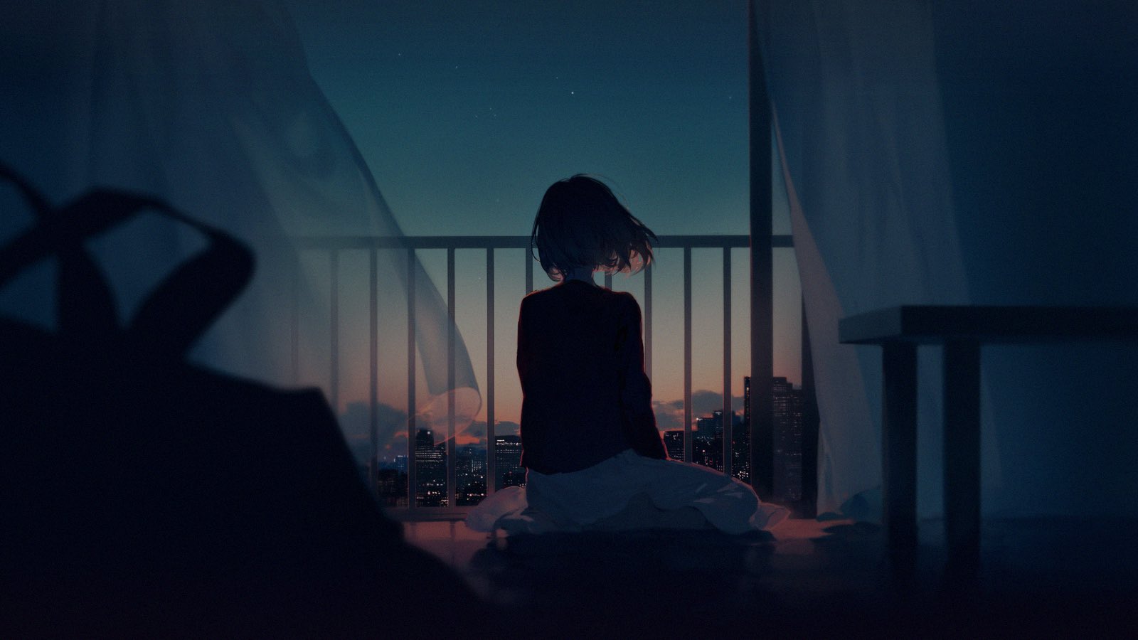 an illustration in anime style shows a girl sitting on a balcony. she is facing away from the viewer, looking out at the city skyline at dawn or night. her hair is blowing in the wind, and curtains frame the balcony. a table is visible in the corner of the room. the lighting is soft and atmospheric.