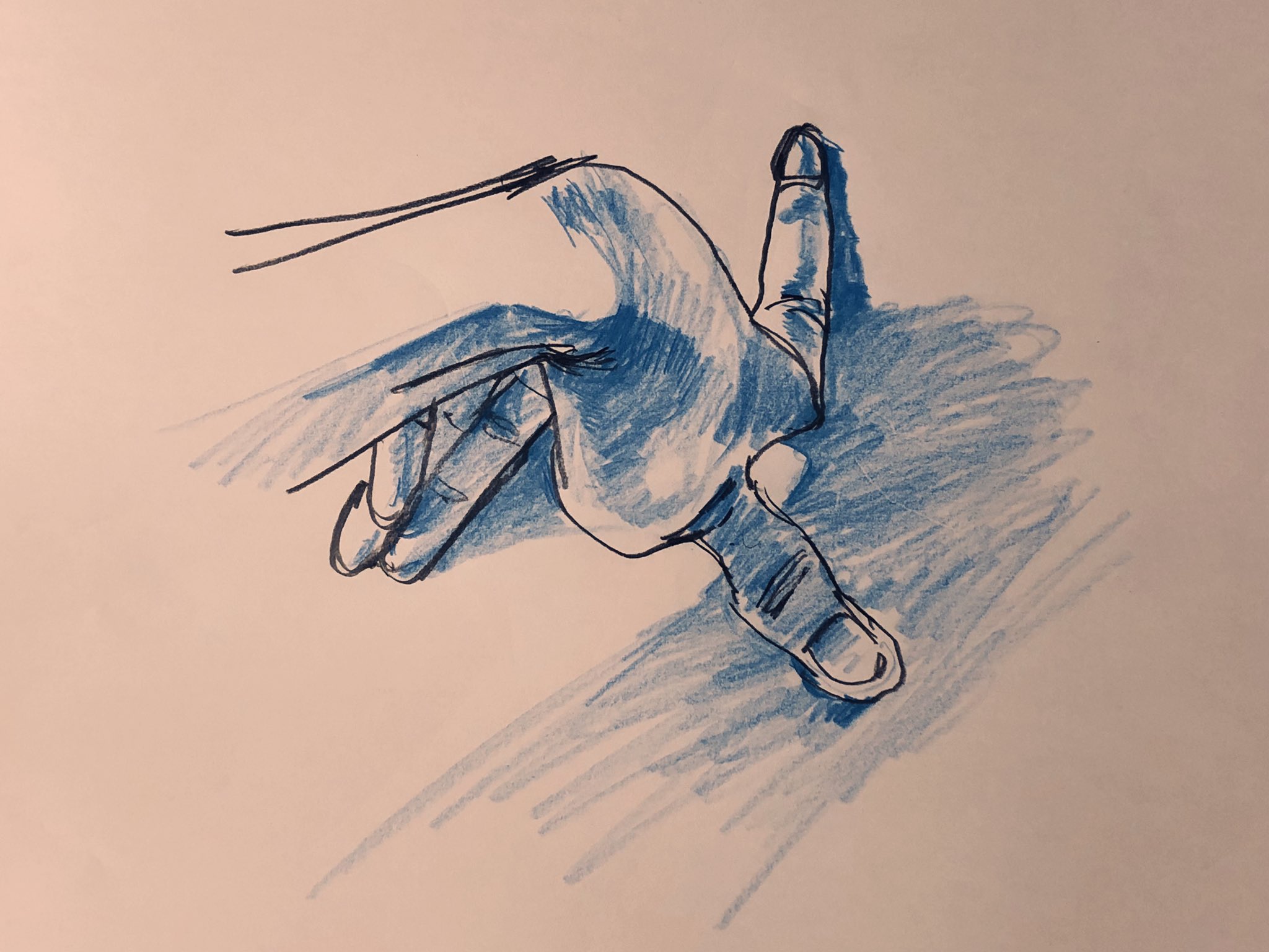 a blue colored pencil sketch of a hand on a light pink background. the hand is extended forward with the index finger pointing. shading is used to create the illusion of depth and form.