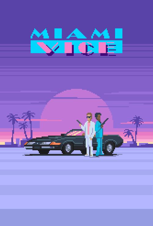 a pixel art image of the miami vice video game, with a sunset background, palm trees, and two characters standing by a car. the car is a black and red sports car. the two characters are both wearing white shirts and sunglasses, and one is wearing a blue suit. the title "miami vice" is written in pink and blue letters in the top middle of the image.