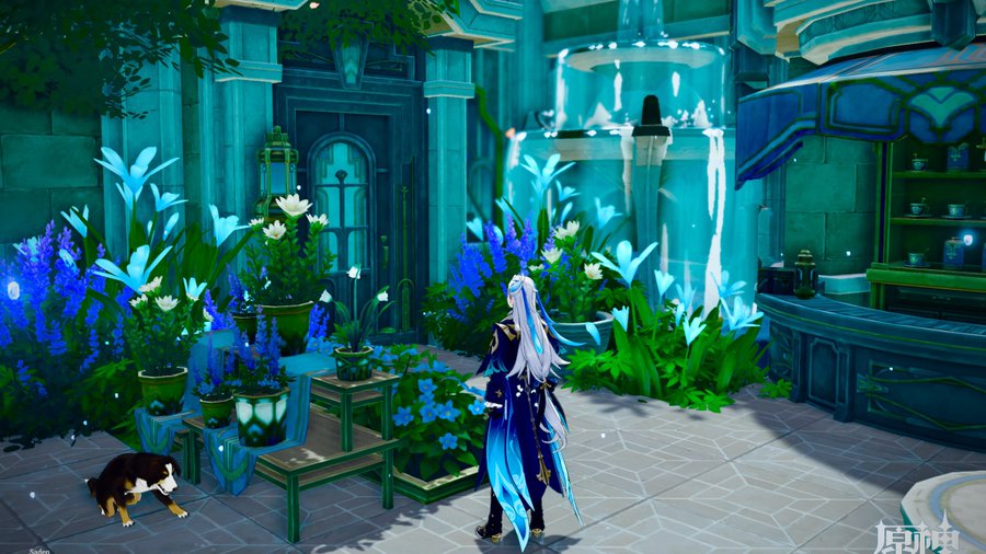 the image is a screenshot from the video game genshin impact. it depicts a serene garden scene in what appears to be mondstadt, featuring a character (likely aether or lumine, the traveler) standing near a fountain and various potted blue and white flowers. a small dog sits near some plants in the foreground. the architecture is reminiscent of the game's fantasy setting, with teal and turquoise tones dominating the color palette. a shop or store is partially visible in the background.  the overall aesthetic is calming and peaceful.