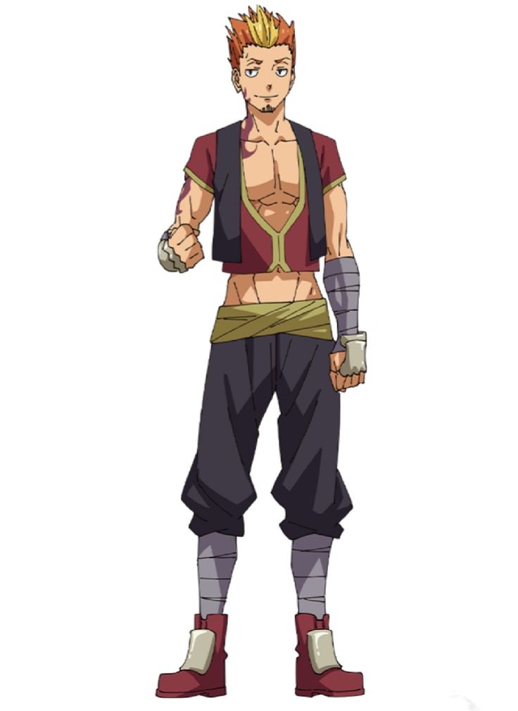 this is a full body shot of an anime character. he has bright red hair, and is standing with his feet shoulderwidth apart. he is wearing a dark red shirt with a yellow sash around his waist, and black pants. he has red boots with white at the top.