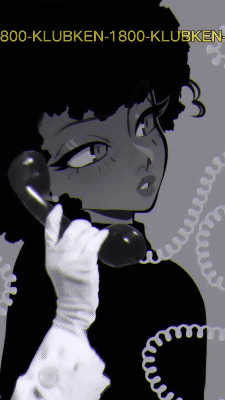 a stylized black and white illustration or drawing of a young black woman with a large afro hairstyle. she is depicted holding an oldfashioned rotary telephone with a coiled cord, wearing white gloves. the background is a muted gray with swirling lines suggesting the phone cord.  the image has a retro feel, possibly referencing 1950s or 1960s aesthetics. the text "800klubken1800klubken" is superimposed at the top, likely implying a phone number or a brand name. the overall style is cartoonish or animeinspired.