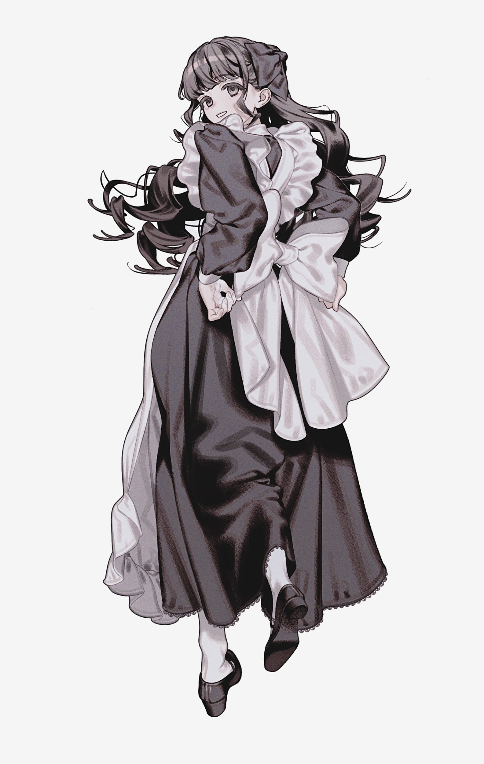 the image is a digital drawing of an animestyle girl dressed in a maid outfit.  she's wearing a long black dress with a white apron and has long dark hair. she's depicted from the back, slightly turned, giving a view of her profile.  her pose is somewhat dynamic, suggesting movement, and she's wearing dark shoes. the art style is elegant and refined. the color palette is monochromatic, predominantly using shades of dark grey and black with hints of lighter grey and white. the background is a plain white, focusing attention solely on the character.
