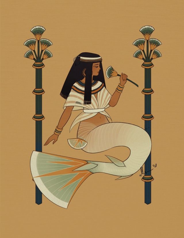 an illustration of a mermaid with an egyptian appearance, holding a lotus flower, framed by two lotus columns. the background is a solid golden color. the mermaid has dark hair and skin, wears traditional egyptian clothing and jewelry, and has a fish tail. the illustration is in a flat, stylized manner reminiscent of ancient egyptian art.