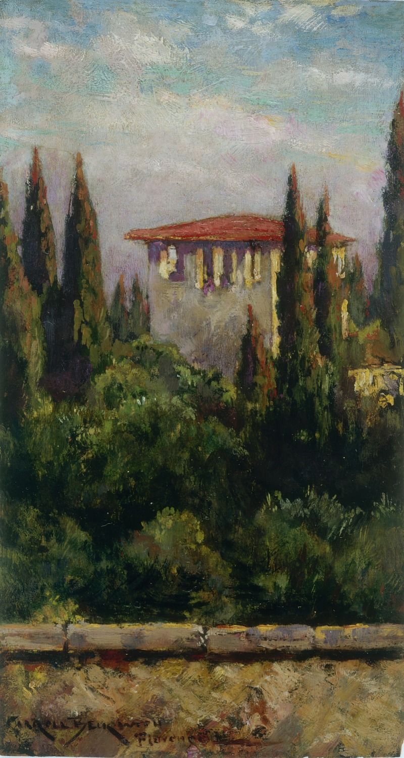 this is a painting of a building with a red tile roof and a colonnade, surrounded by trees, including tall, thin cypress trees. the building is set against a backdrop of a partly cloudy sky. the scene appears to be a city landscape, potentially located in florence, as there's some visible text in the lower left possibly referring to "florence".