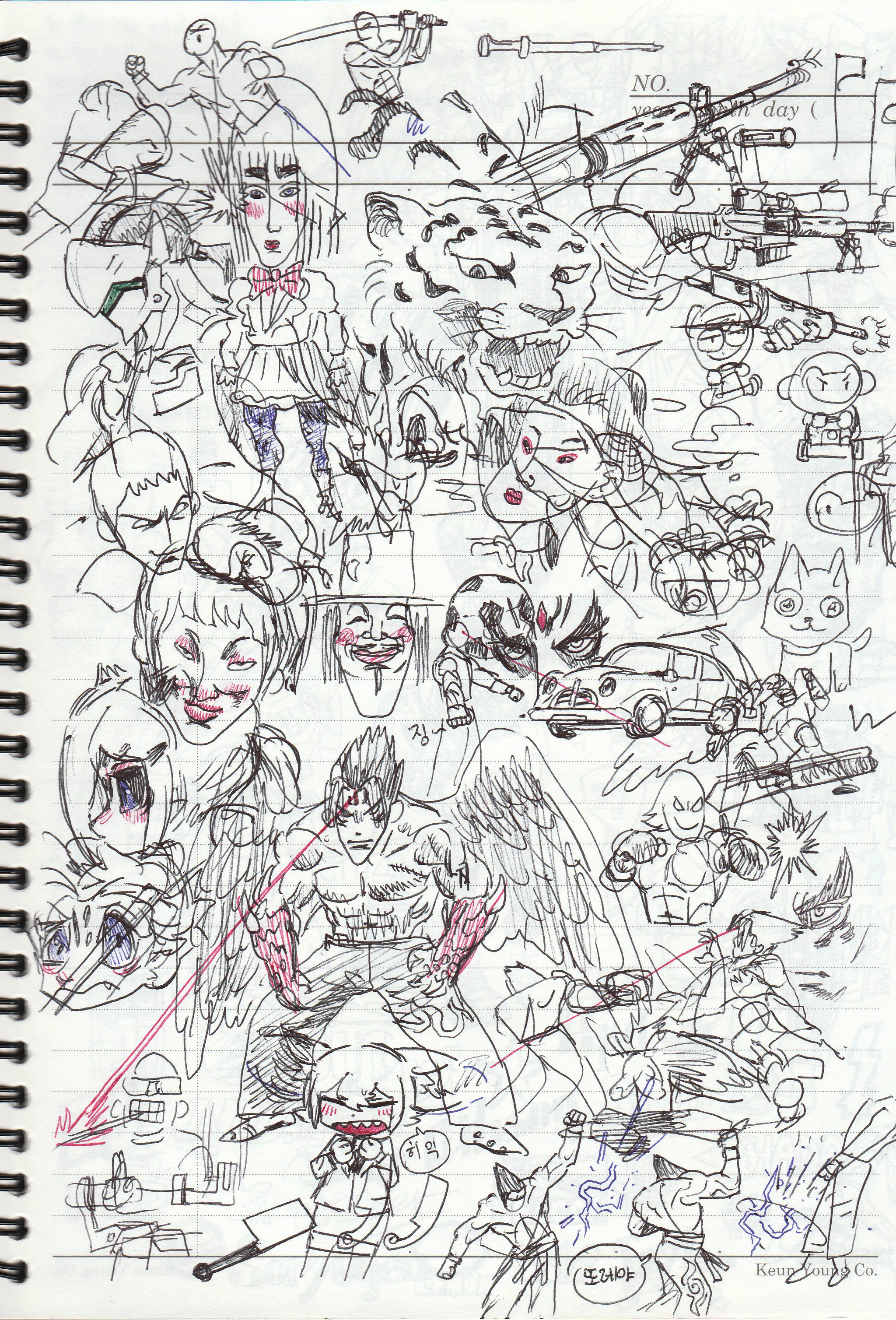this is a drawing of a chaotic and vibrant mix of characters, animals, robots, and other objects, all drawn with a black pen on notebook paper.  there are many different styles and themes represented in the drawing, such as anime, manga, cartoon, scifi, and fantasy. the drawing is full of action and movement, with the characters interacting with each other and the environment in a dynamic way. the characters are all expressive, with a wide range of emotions being shown.  the overall style is messy and rough, with lines that are not always perfect, but this adds to the charm and energy of the drawing. the drawing is clearly a work of imagination and creativity, and it shows the artist's ability to think outside the box and create something unique and exciting.