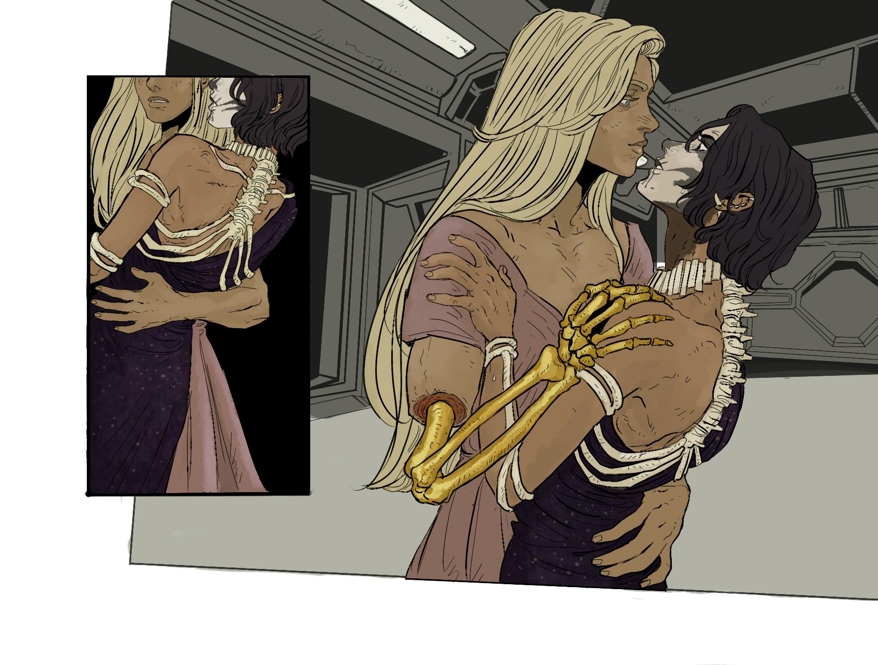 two women embrace in a tender moment. one woman, fairskinned with long blonde hair, holds the other, a darkskinned woman with short dark hair and skeletal features. they are in a science fiction setting, possibly a spaceship or futuristic building. the fairskinned woman has a partially skeletal arm.