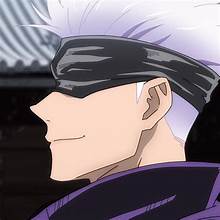 a closeup illustration showcases the side profile of a young man with spiky white hair partially obscuring a black blindfold covering his eyes. he emanates a confident aura with a subtle smirk playing on his lips.  the background hints at an indoor setting with muted gray tones. his attire features a dark purple garment, possibly a cloak or jacket, adding a touch of mystery to his persona. the overall color palette is muted and leans towards grayscale, creating a sense of intrigue and understated coolness.