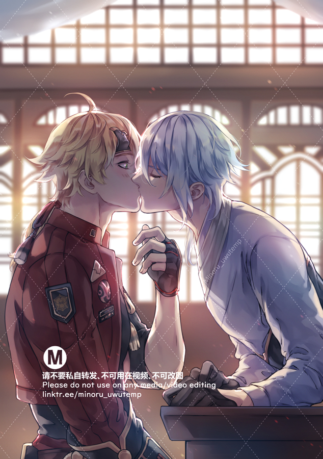 the image is a digital illustration featuring two male anime characters, albedo and itto, from the popular video game genshin impact. the characters are depicted in a close romantic embrace, with their foreheads touching and their eyes closed, in a romantic setting of a lightfilled room with wooden floor and windows. albedo, with white hair and a white robe, leans down toward itto who has golden hair and is wearing a red and black jacket with a large collar. the background is a softly colored gradient of pink, purple, and blue, giving the illustration a dreamy and romantic feel. the characters' expressions are soft and serene, conveying a sense of deep love and affection. the image is a testament to the passionate romance between the characters, a popular pairing among fans of the game.
