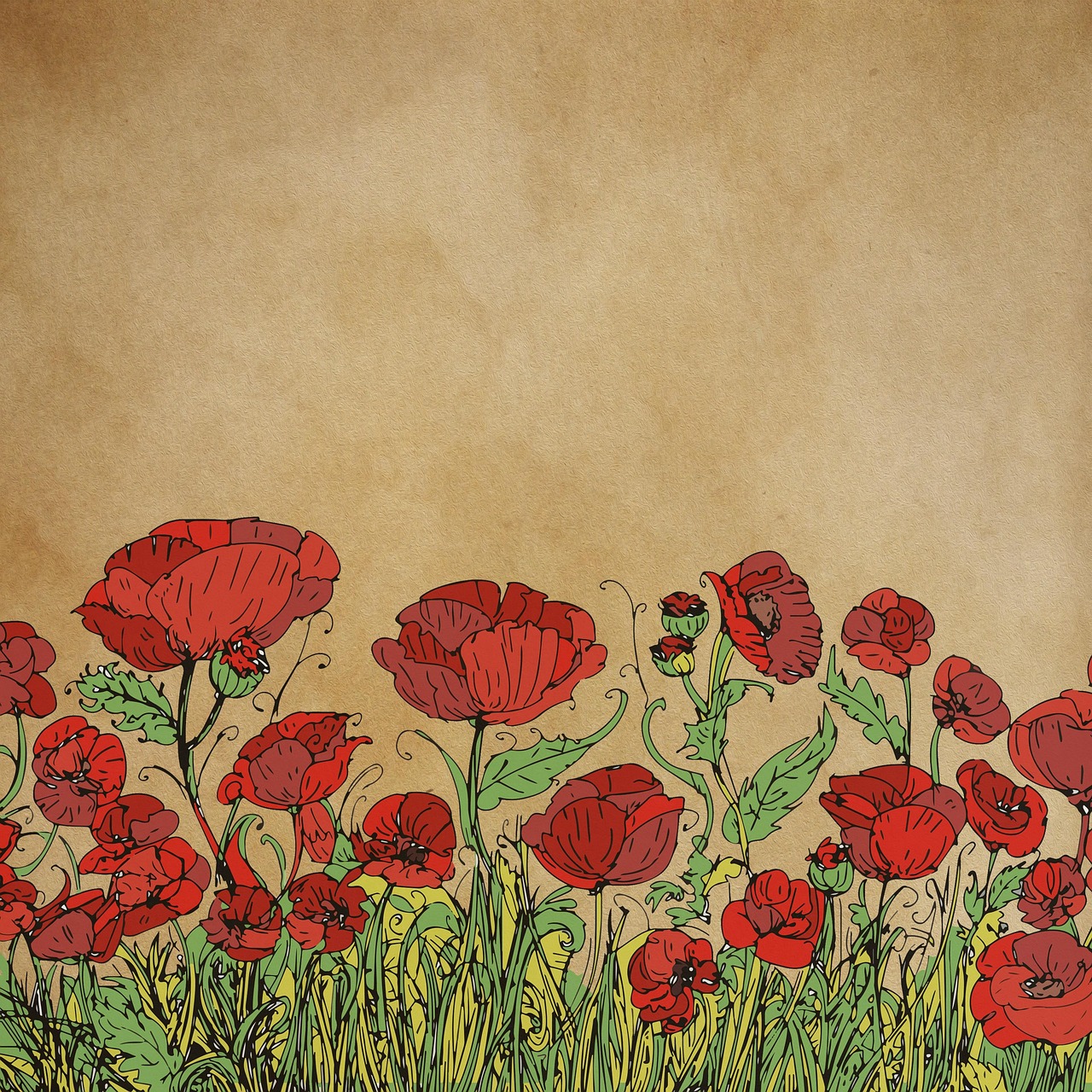 a vintagestyle illustration featuring a field of red poppies against a textured, tan background resembling aged paper. the poppies, various in size and arrangement, are handdrawn with detailed outlines and shading, accompanied by green stems and grass. the flower arrangement forms a border across the bottom of the image, leaving the upper portion open, potentially for text or other additions. the overall effect is reminiscent of botanical illustrations or vintage greeting cards.