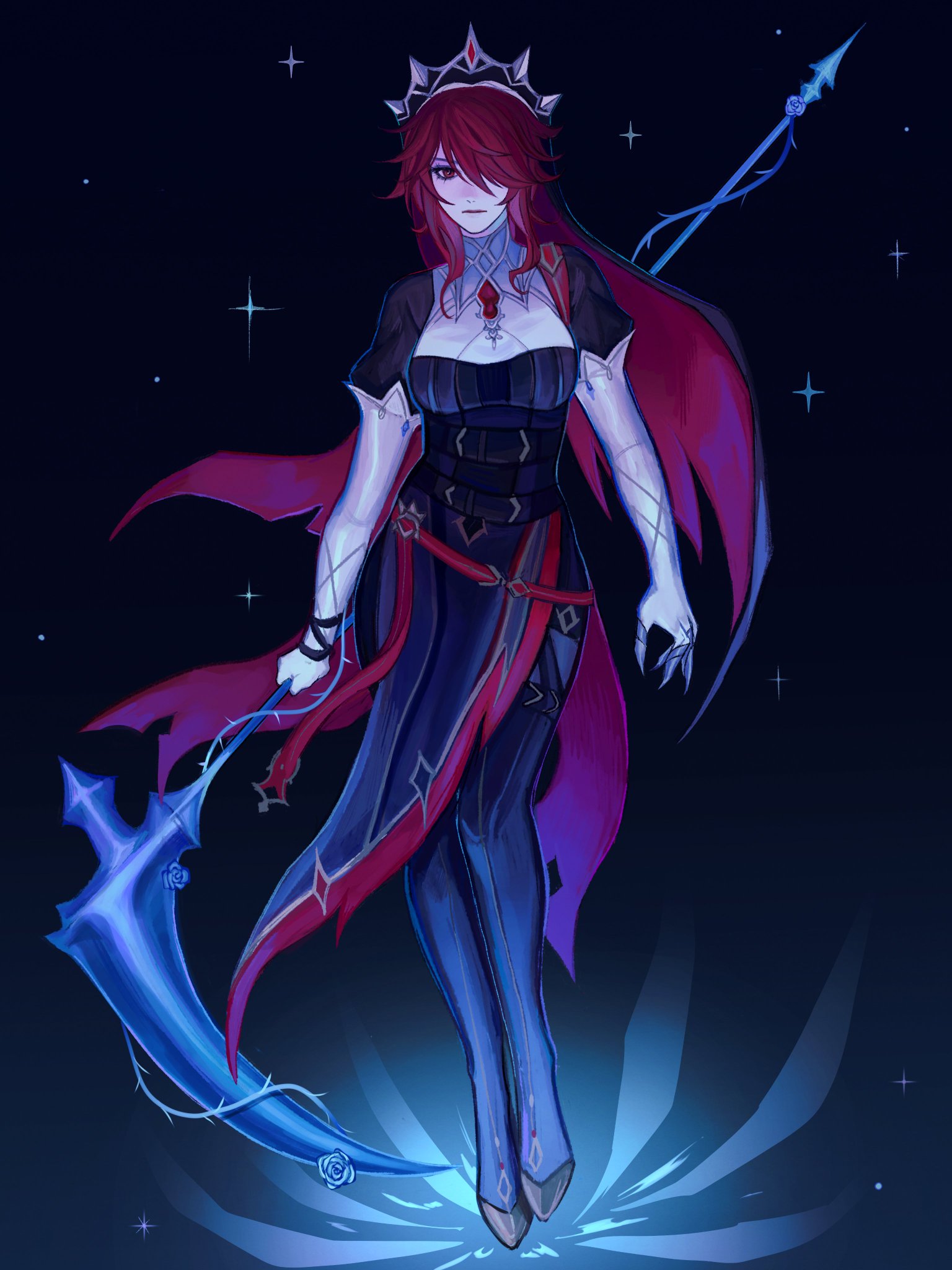 this is a fantasy art piece that features a woman with long red hair and a black dress. she is floating in the air, with a long blue weapon that looks like a scythe. behind her, there are stars and the background appears to be the night sky. this woman appears magical and powerful.
