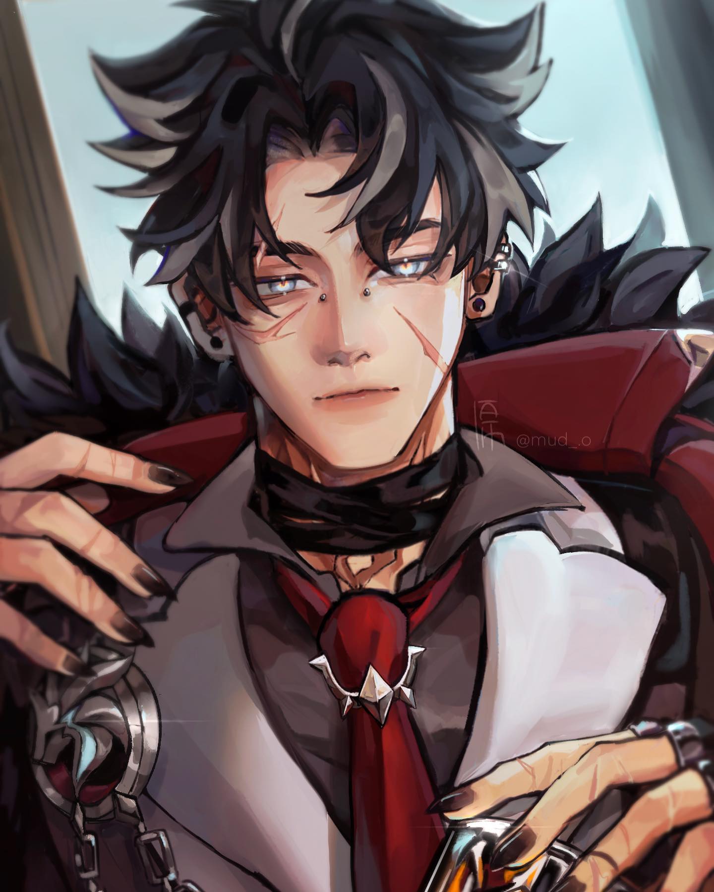 loseup digital painting of a young, handsome animestyle man with dark hair, styled in an elegant suit.  he has several piercings, scars on his face, and is wearing dark makeup. the overall style is moody and dramatic. the image appears to be fanart, potentially of a character from a game like genshin impact, given the stylistic choices. the attention to detail is high, including intricate accessories and textures of clothing and skin. the man's pose and expression are confident and somewhat mysterious.