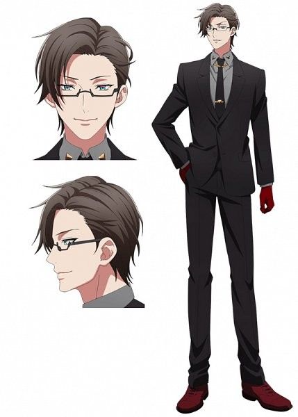 the image shows an anime character in a suit. he is standing with his legs slightly apart and his arms at his sides. he is wearing a black suit with a white shirt and a black tie. he has short, brown hair, and his eyes are blue. he is wearing glasses with black frames and red shoes. the image is in an anime style, with bright colors and exaggerated features. the character looks serious and confident. the image is divided into three sections. the top left section shows a closeup of the character's face. the top right section shows the character standing in a fullbody pose. the bottom left section shows a side view of the character's head.