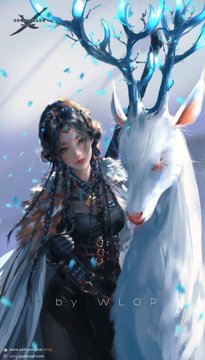 a young woman with dark hair and elaborate clothing stands beside a majestic white deer with glowing blue antlers. she has a determined expression on her face and wears a black and brown outfit with intricate detailing. the deer stands protectively beside her, its white coat blending seamlessly with the snowy environment. the scene has a soft, ethereal glow, enhancing the magical atmosphere.