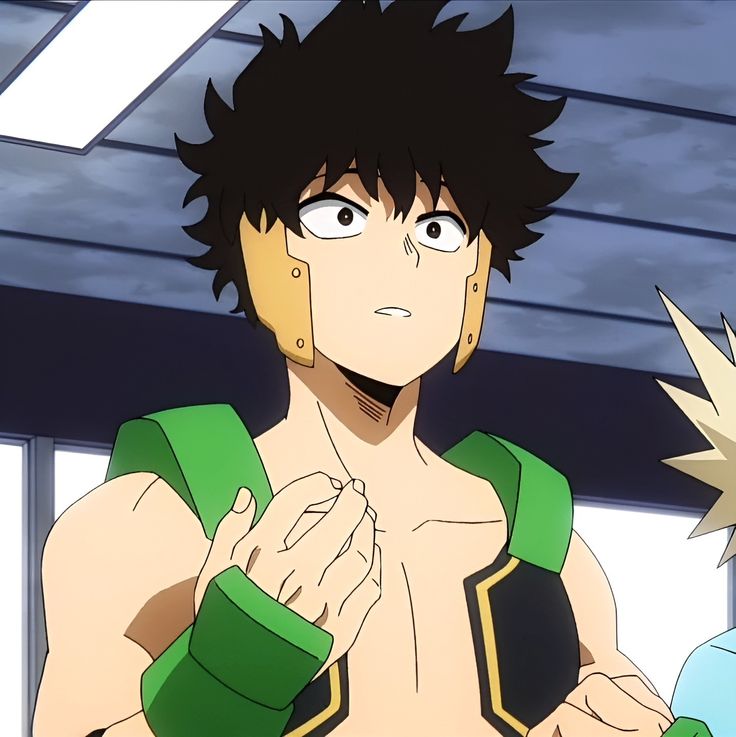 a closeup of a young man from the anime series my hero academia. he has dark green hair, green eyes, and is wearing a green and black suit with gold trim. he is in a thoughtful expression.