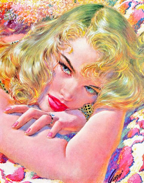 a painting of a woman with blonde hair, wearing a floral dress. she is looking at the viewer with a seductive expression and her lips are red. the painting is done in a vintage style, reminiscent of pinup art from the 1950s.