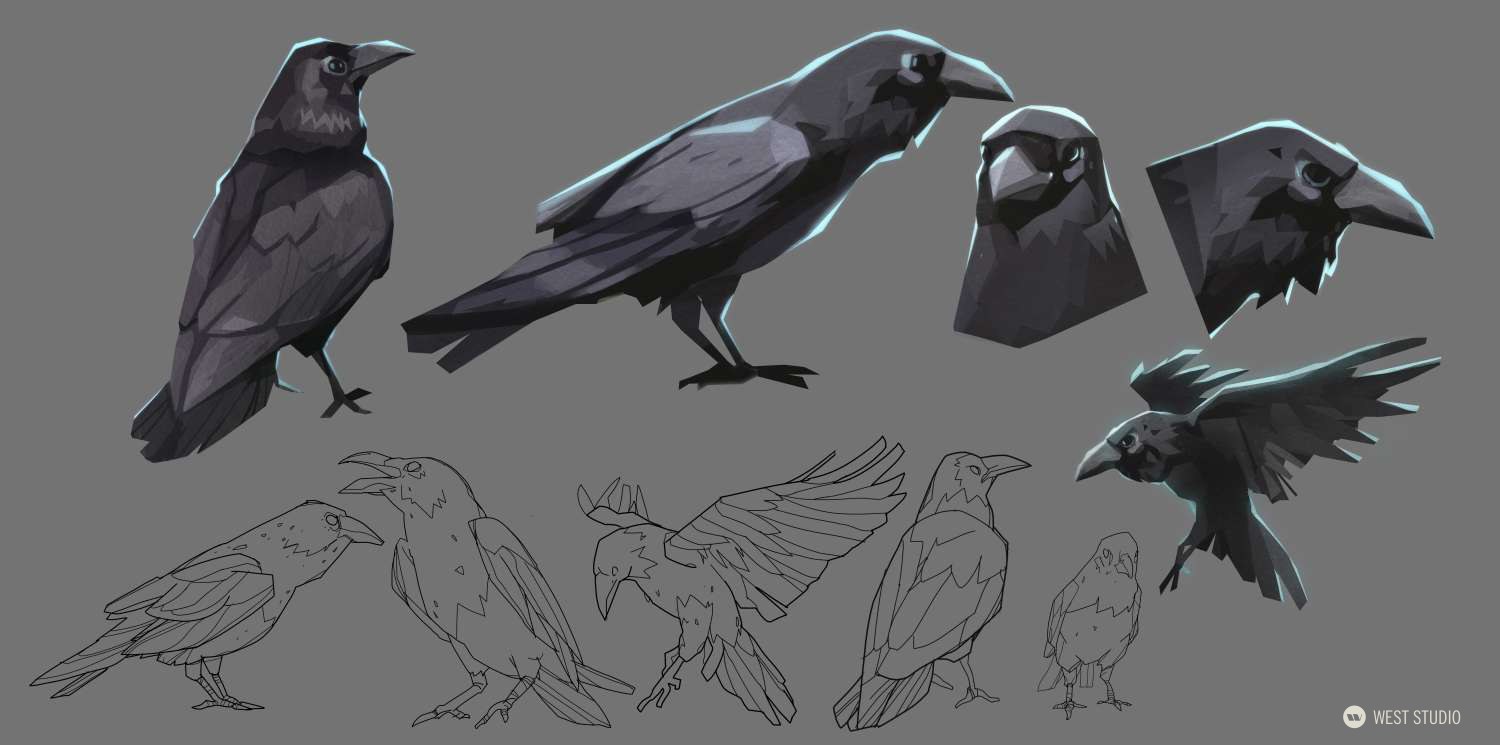 a series of illustrations showcasing ravens in various poses. the top row features digitally painted ravens while the bottom showcases line art of the bird.
