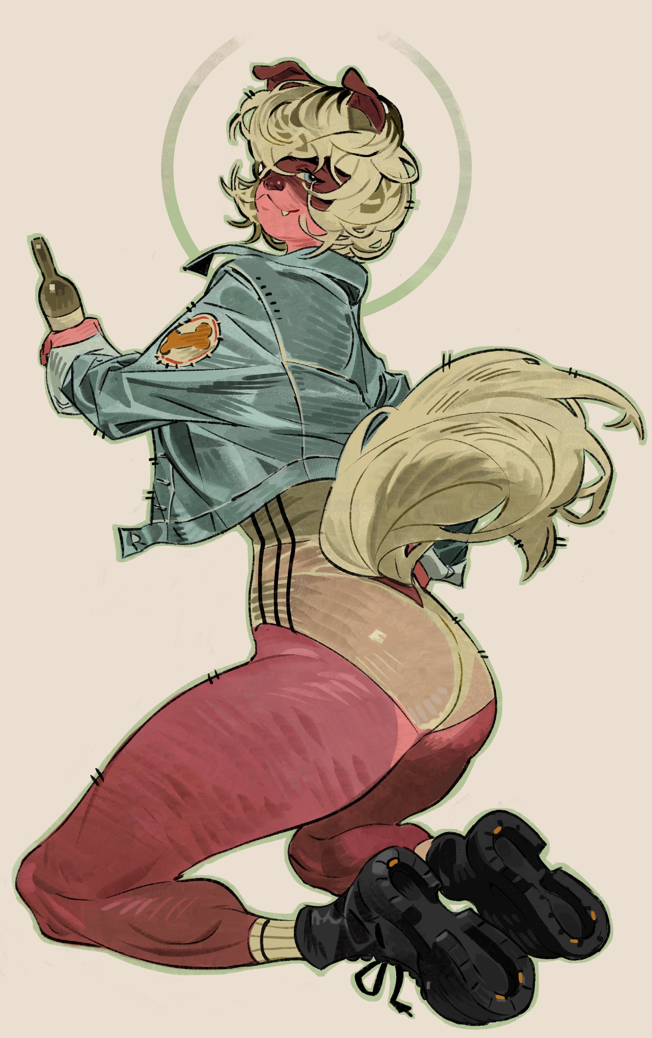 he image is a digital painting of an anthropomorphic dog girl. she has blonde hair, a red bodysuit and a denim jacket. she is sitting and holding a bottle of wine. her expression is slightly mischievous. the style is a blend of anime and western comic book styles, with a focus on fashion and character design.  there's a subtle halo behind her head. the overall mood is playful yet slightly edgy.