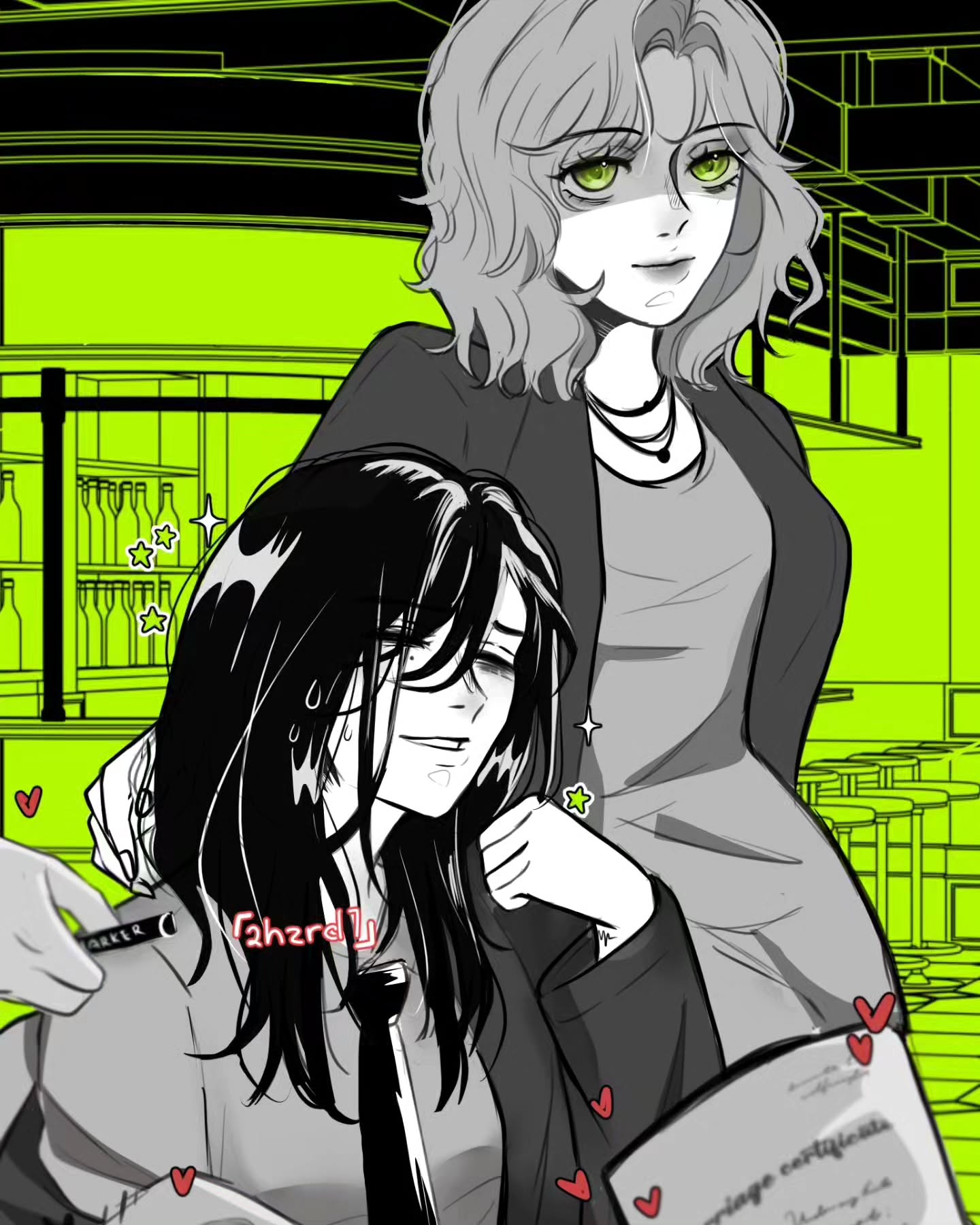 the image is an animestyle illustration featuring two women. one has short, lightcolored hair and is dressed in a sophisticated business outfit. the other has long, dark hair and is wearing a more formal outfit, perhaps a uniform. they are in what looks like a bar or restaurant, a green neonlit background provides a vibrant contrast. the mood is romantic and intimate, with hearts scattered around them suggesting a loving relationship. one woman seems to be holding a certificate or document, possibly related to marriage or a significant achievement. the style is a blend of sharp lines and softer shading. the overall composition and details suggest a scene of celebration and affection.