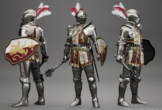 the image shows a digitally rendered knight in full plate armor, standing against a neutral gray background. the knight is shown in three different poses, each showcasing the intricate details of their armor and weaponry. the knight carries a sword and a shield decorated with a heraldic design featuring a red lion on a white field. the armor itself is predominantly silver with gold accents and features a red and white plume on the helmet.