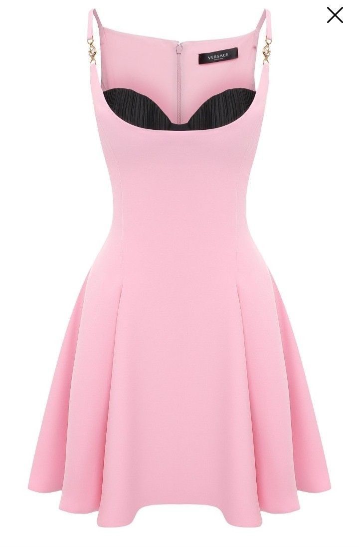 the image shows a short, pink versace fitandflare dress with black bustier and gold chain straps. the dress has a back zipper closure.
