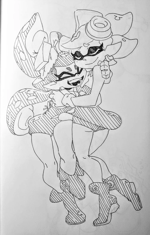 two squid girls from the video game splatoon are drawn in a black and white cartoon style, hugging each other.  the squid on the left is holding the squid on the right. the inkling on the left is wearing a hat and has tentacles behind her head. the inkling on the right has a hat and her tentacles are behind her, but her hair is over the back of her head. they are both wearing shoes.
