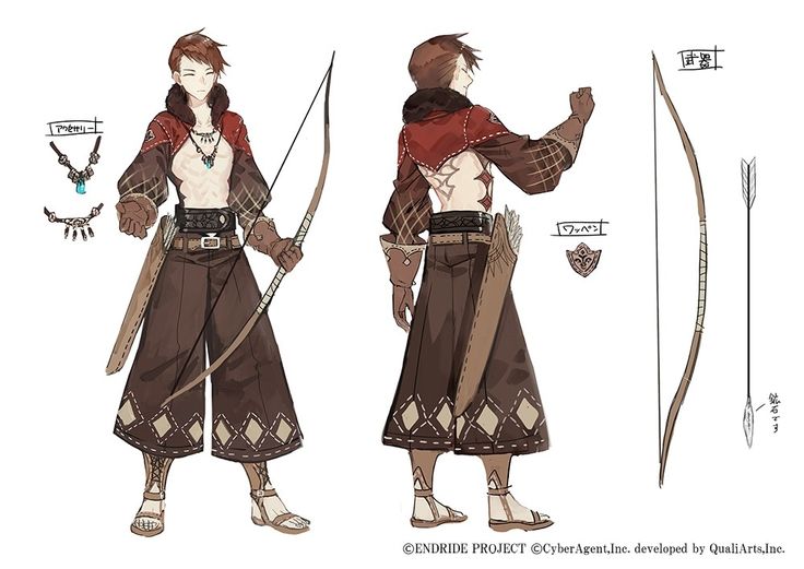 this is a character design concept for a male archer character in a video game. the image shows the character from two different angles,  front and back, with a bow in his hands. the design features detailed outfits, weapons, and accessories, and includes japanese text labels identifying different elements of the design. the art style is colorful and detailed.