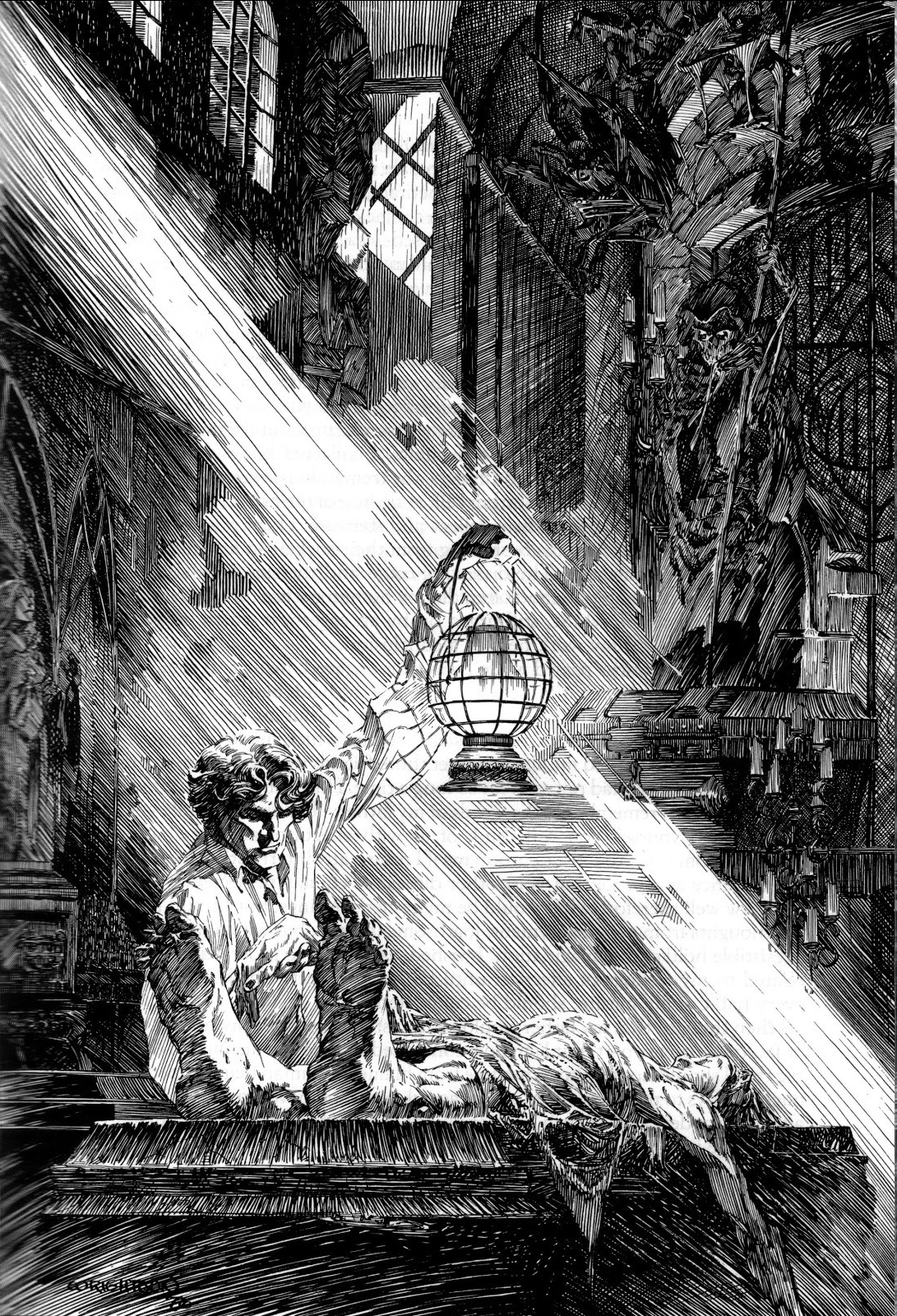 the image depicts a dramatic black and white illustration of a ruined cathedral interior. a powerful beam of light pierces the darkness, illuminating a  stone angel statue perched precariously on a broken ledge. the angel holds aloft a lantern, its light almost insignificant compared to the divine illumination showering upon it. the rest of the cathedral is shrouded in shadow, hinting at devastation and decay, yet the angel and the light offer a glimmer of hope amidst the ruins. the scene is rendered with detailed hatching and crosshatching, creating a sense of depth and texture.