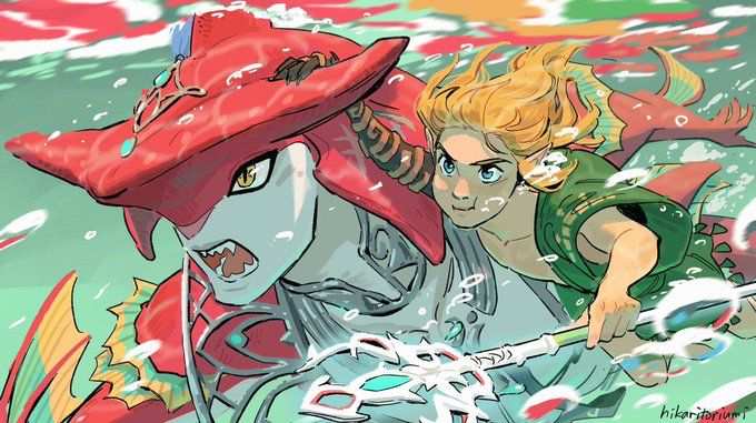the image is a vibrant piece of fanart depicting link from the legend of zelda: breath of the wild, underwater, riding on a large, red zora.  link, with his signature blonde hair, is holding a tridentlike weapon.  the style is dynamic and colorful, with a focus on expressive lines and a painterly digital technique. bubbles surround them, enhancing the underwater setting.  the artist's signature, "hikaritorium," is visible in the bottom right corner. the overall mood is adventurous and whimsical.