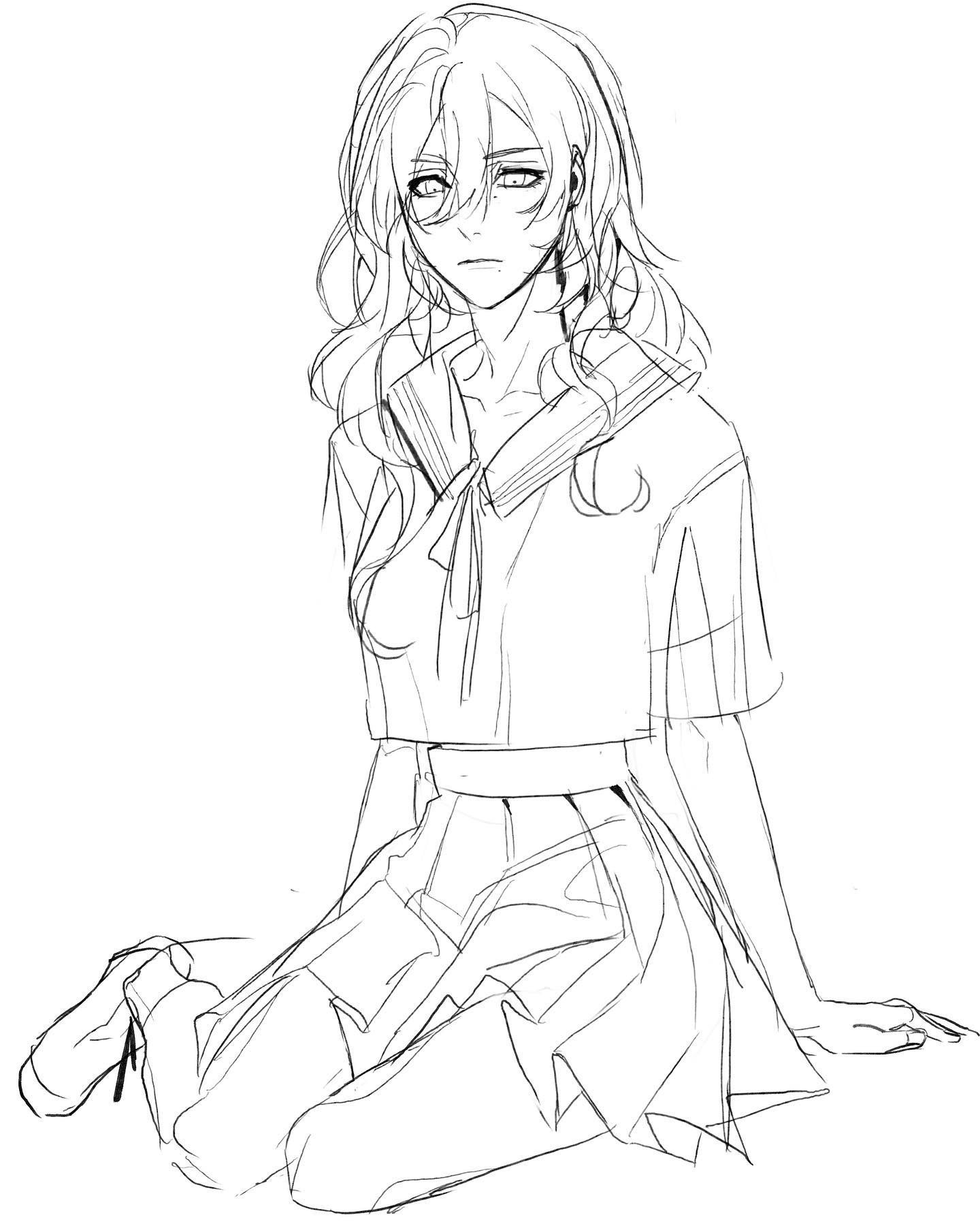 a black and white sketch of an anime girl in a school uniform. she is sitting on the ground, facing to the right side of the picture, with her back to the viewer. she has long hair that flows down her back and she is wearing a pleated skirt, a shortsleeved shirt with a collar, and a tie.