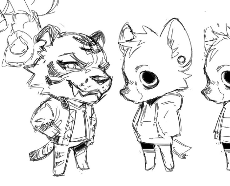 black and white sketch features three anthropomorphic animal characters.  the first is a tiger wearing a jacket, standing with its hands on its hips. the second is a wolflike creature wearing a hoodie, standing upright. the third is a similar wolflike creature also in a hoodie, but viewed from a slightly different angle. the style is loose and expressive, characteristic of a quick sketch or doodle.  there is some background scribbling near the tiger.
