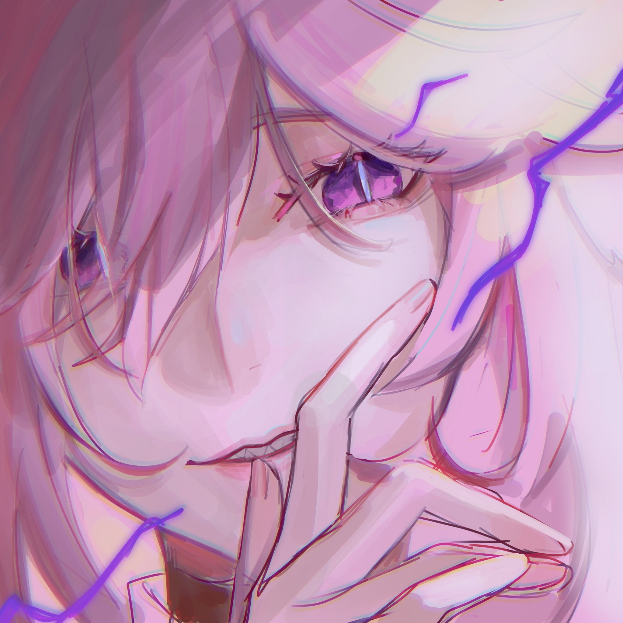 a digital illustration of an anime girl with pink hair and purple eyes. she has her finger on her lips, and her eyes are closed, as if she is thinking. the background is a blur of soft, pastel colors. the overall tone of the illustration is soft and dreamy.