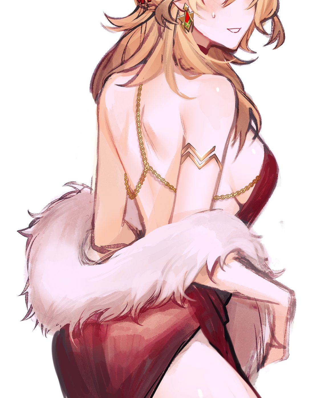an anime woman with long blonde hair, wearing a red dress with a white fur shawl, is looking back over her shoulder. she has gold chains and jewelry around her neck and wrists. the drawing is done in an artistic style with soft colors and lines.