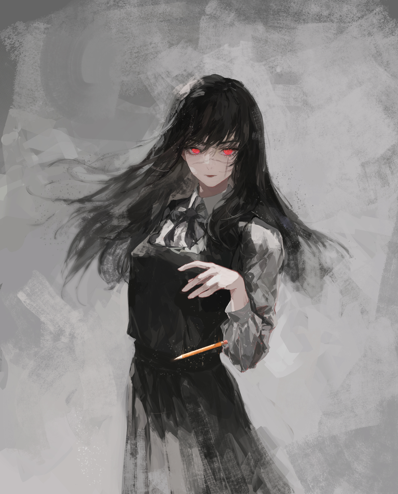 an animestyle girl with long black hair and piercing red eyes is depicted in a greyscale painting. she is wearing a school uniform consisting of a white shirt and a black pinafore dress. she holds a pencil in her right hand, suggesting she's an artist. the background is a textured grey, emphasizing the figure and creating a slightly melancholic atmosphere. the image has a soft, artistic lighting style.