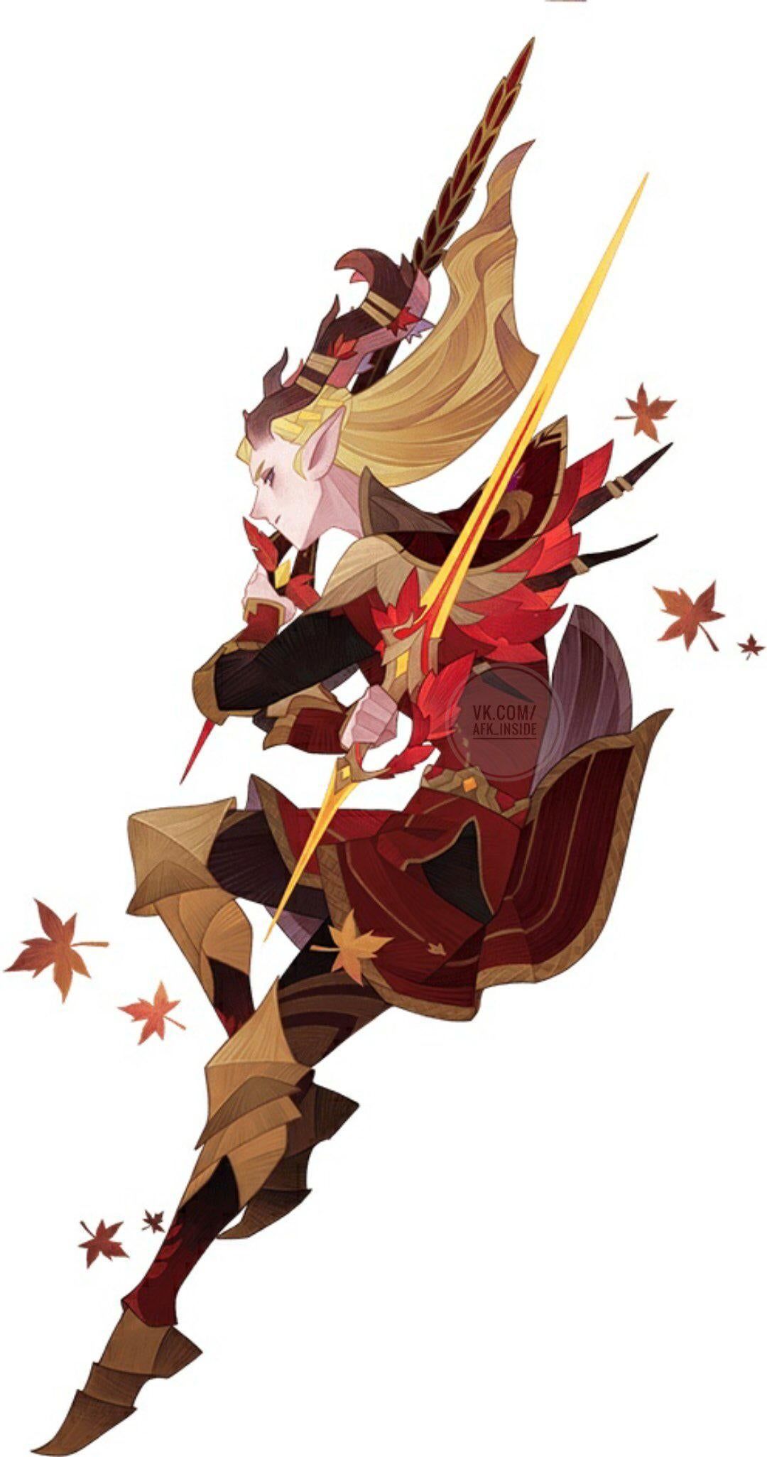 a digital illustration of a male elf warrior in midair, wielding two swords. he has long, flowing blonde hair, pointed ears, and is clad in ornate red and gold armor. he is surrounded by falling autumn leaves.